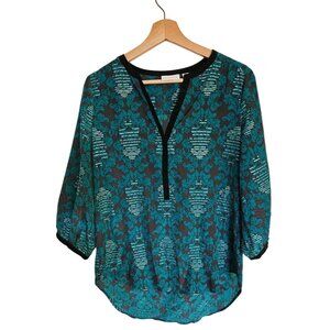 NYC‎ Blouse Size Small teal Floral Quarter sleeve